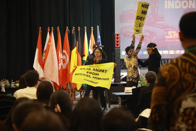 Paulina membentangkan spanduk bertuliskan 'Save Raja Ampat from Nickel Mining' saat konferensi nikel internasional di Jakarta.